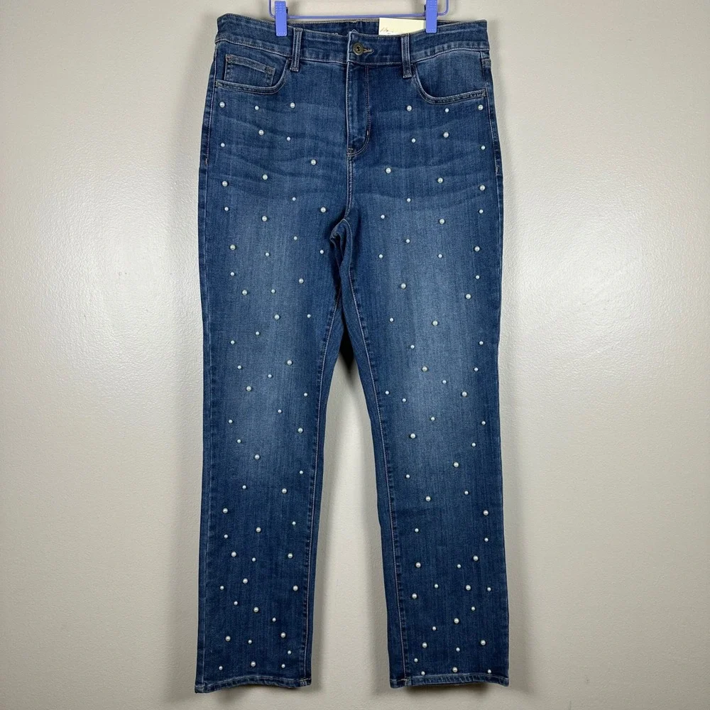 St. John's Bay Women's 12 Straight Leg Blue Pearl Embellished Jeans NW